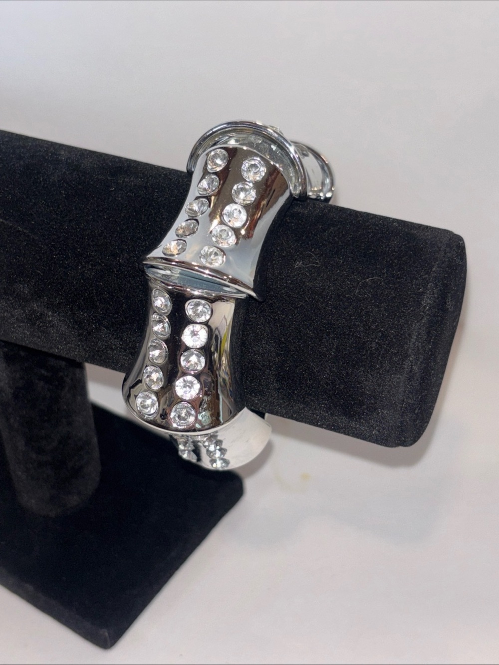 Wide Silver Tone Rhinestone Stretch Bracelet Statement Cuff Chunky Glam